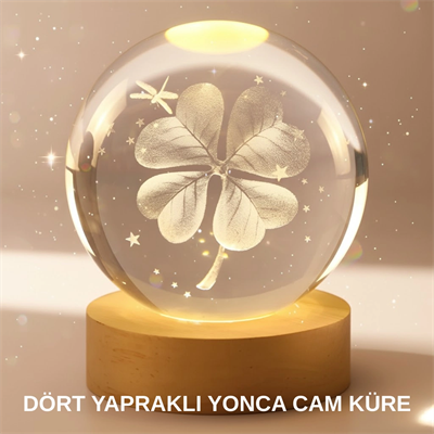 Bitki Temalı LED Işıklı Cam Küre Ahşap Standlı Modern Gece Lambası