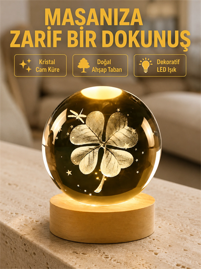 Bitki Temalı LED Işıklı Cam Küre Ahşap Standlı Modern Gece Lambası