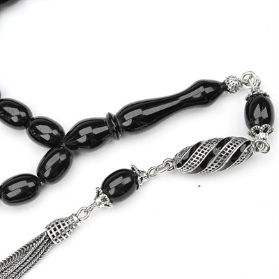 BlackCraft Oltu Taşı Gümüş Püsküllü Tespih