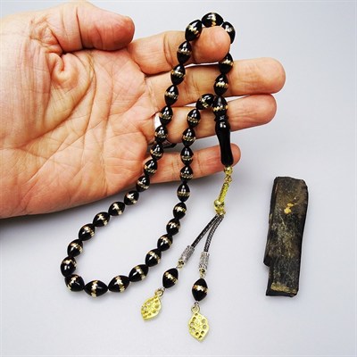 BlackCraft Oltu Taşı Pirinç İşlemeli Model Tespih