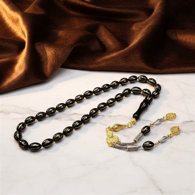 BlackCraft Oltu Taşı Sekizli Pirinç İşlemeli Tespih