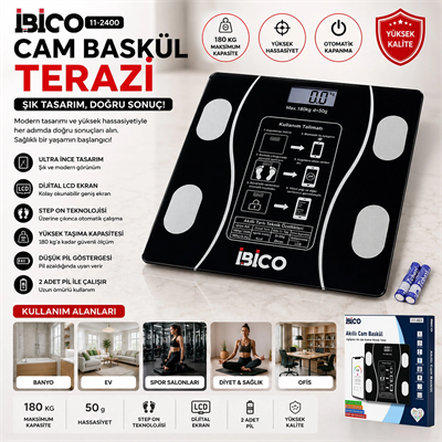 Bluetooth - Vücut Analizli Dijital Baskül Terazi Tartı 180kg/50g Yağ - Su - Kas Oran - Bmı İ11-023 Bx40