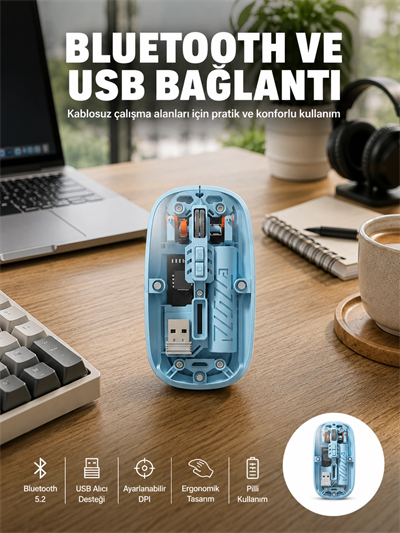 Bluetooth 5.2 Destekli Mavi Pilli Kablosuz Mouse Yeni Nesil