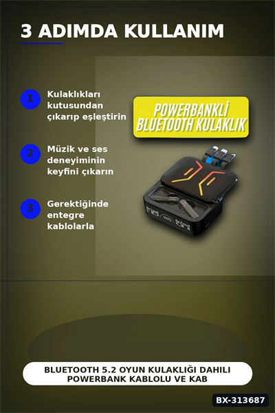 Bluetooth 5.2 Oyun Kulaklığı Dahili Powerbank Kablolu Ve Kablosuz Düşük Gecikme 1 Adet BX-313687