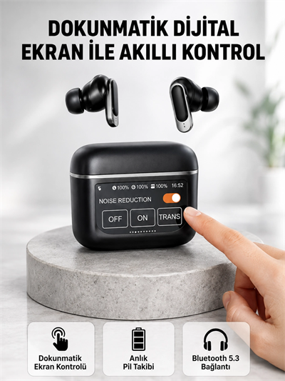 Bluetooth 5.3 ANC Kablosuz Kulaklık – Dokunmatik Kontrol, Dijital Ekran ve Uzun Pil Ömrü