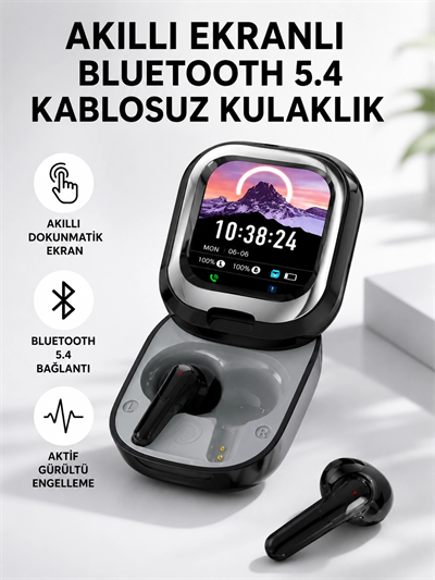 Bluetooth 5.4 Kulaklık – Gürültü Engelleme ve Akıllı Ekranlı Şarj Kutusu