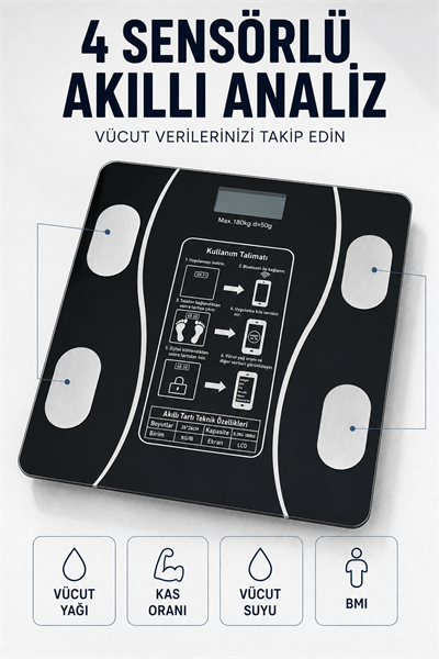 Bluetooth Akıllı Tartı 180 Kg Kapasiteli Vücut Yağ Kas Su BMI Analizli Cam Baskül