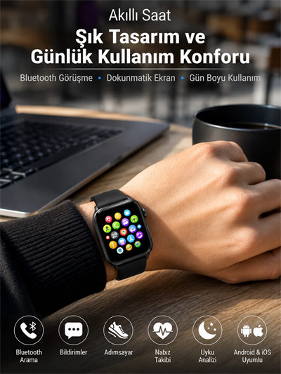 Bluetooth Arama, Akıllı Bildirimler ve Günlük Sağlık Takibi Sunan Şık Tasarımlı Akıllı Saat