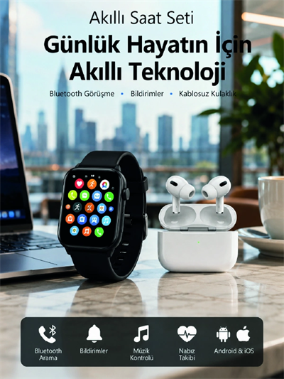 Bluetooth Arama Özellikli Akıllı Saat Seti Kablosuz Kulaklık Hediyeli, Android & iOS Uyumlu
