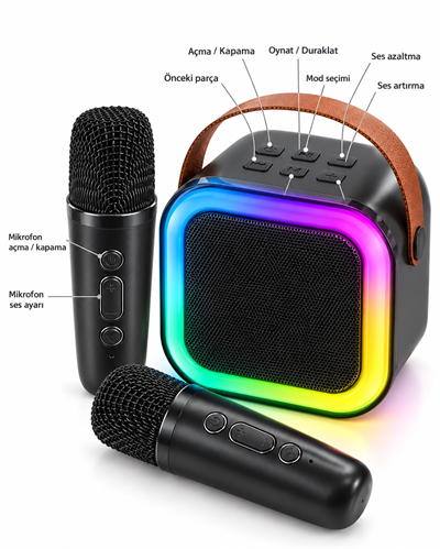 Bluetooth Bağlantılı LED Işıklı Karaoke Ses Sistemi ve İki Kablosuz Mikrofon