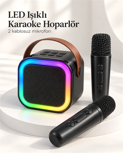 Bluetooth Bağlantılı LED Işıklı Karaoke Ses Sistemi ve İki Kablosuz Mikrofon
