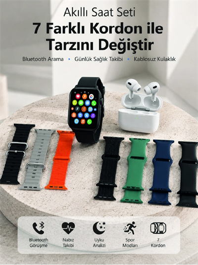 Bluetooth Görüşme Destekli Akıllı Saat Seti Kablosuz Kulaklık, 7 Kordon ve Çoklu Spor Modu