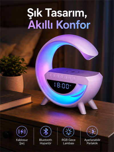 Bluetooth Hoparlör 15W Kablosuz Hızlı Şarj LED Gece Lambası