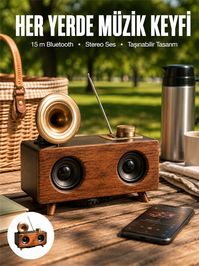 Bluetooth Hoparlör Ahşap Klasik Retro Gramofon Bluetooth Müzik Kutusu