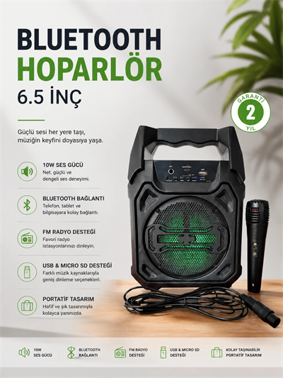 Bluetooth Hoparlör Mikrofonlu Taşınabilir Ses Sistemi FM Radyo, USB, SD Kart ve TWS Özellikli