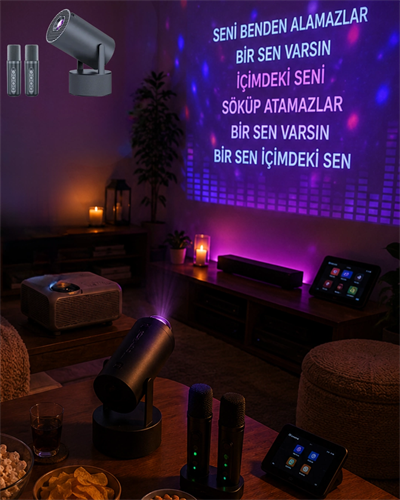 Bluetooth Hoparlörlü Akıllı Projektör Kablosuz Karaoke Mikrofonlu