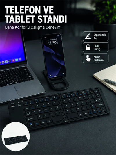 Bluetooth Katlanabilir Klavye USB-C Şarjlı 3 Cihaz Bağlantılı Taşınabilir Klavye