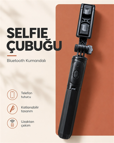 Bluetooth Kumandalı Katlanabilir Selfie Çubuğu ve Telefon Tutucu