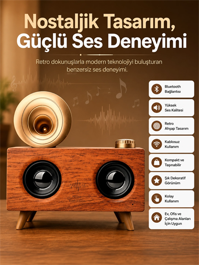 Bluetooth Nostalji Speaker Radyo Gramofon Ahşap Renk Vintage