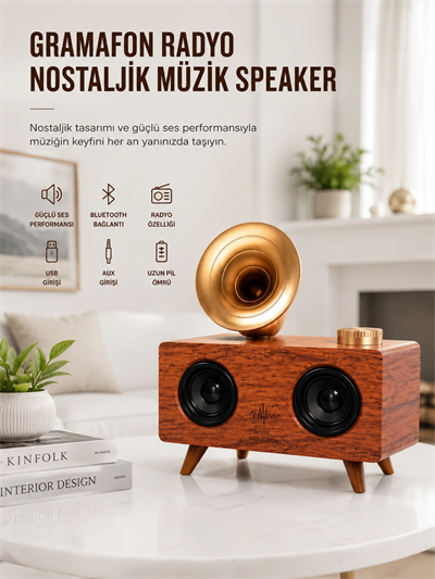 Bluetooth Nostalji Speaker Radyo Gramofon Ahşap Renk Vintage Yeni Nesil