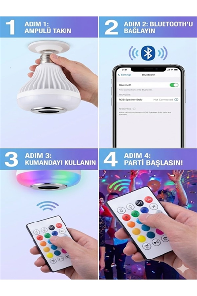 Bluetooth RGB LED Hoparlörlü Akıllı Ampul - Renkli Müzikli Lamba ve Kumanda