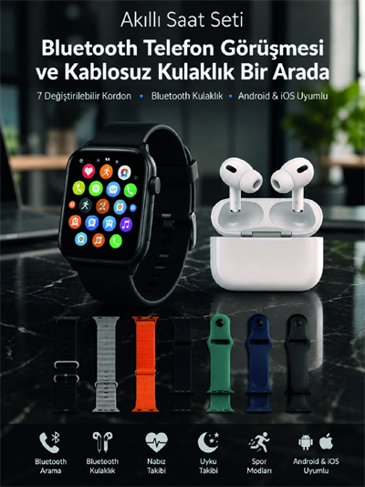 Bluetooth Telefon Görüşmeli Akıllı Saat Seti Kablosuz Bluetooth Kulaklık 7 Değiştirilebilir Kordon
