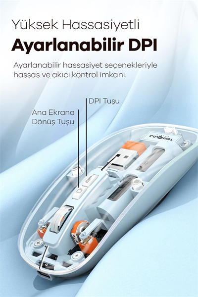 Bluetooth USB Çift Modlu Sessiz Mouse, Şeffaf Mıknatıslı Kapaklı, Type-C Şarjlı, DPI Ayarlı, Kablosuz 10m Çekim Mesafeli, Masaüstü Kısayol Tuşlu, Taşınabilir Şarjlı Mouse Siyah