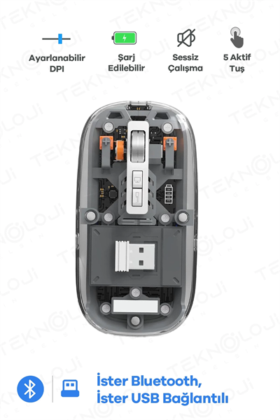 Bluetooth USB Çift Modlu Sessiz Mouse, Şeffaf Mıknatıslı Kapaklı, Type-C Şarjlı, DPI Ayarlı, Kablosuz 10m Çekim Mesafeli, Masaüstü Kısayol Tuşlu, Taşınabilir Şarjlı Mouse Siyah