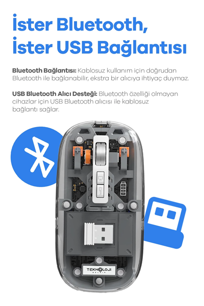 Bluetooth USB Çift Modlu Sessiz Mouse, Şeffaf Mıknatıslı Kapaklı, Type-C Şarjlı, DPI Ayarlı, Kablosuz 10m Çekim Mesafeli, Masaüstü Kısayol Tuşlu, Taşınabilir Şarjlı Mouse Turuncu