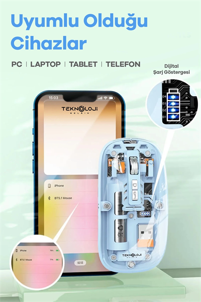 Bluetooth USB Çift Modlu Sessiz Mouse, Şeffaf Mıknatıslı Kapaklı, Type-C Şarjlı, DPI Ayarlı, Kablosuz 10m Çekim Mesafeli, Masaüstü Kısayol Tuşlu, Taşınabilir Şarjlı Mouse Siyah