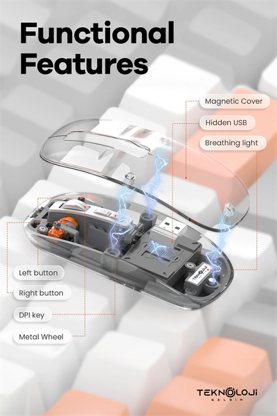 Bluetooth USB Çift Modlu Sessiz Mouse, Şeffaf Mıknatıslı Kapaklı, Type-C Şarjlı, DPI Ayarlı, Kablosuz 10m Çekim Mesafeli, Masaüstü Kısayol Tuşlu, Taşınabilir Şarjlı Mouse Beyaz