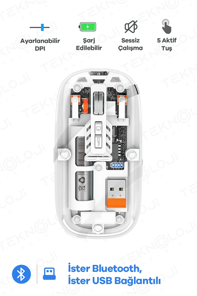 Bluetooth USB Çift Modlu Sessiz Mouse, Şeffaf Mıknatıslı Kapaklı, Type-C Şarjlı, DPI Ayarlı, Kablosuz 10m Çekim Mesafeli, Masaüstü Kısayol Tuşlu, Taşınabilir Şarjlı Mouse Beyaz