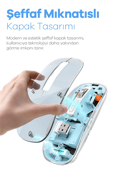 Bluetooth USB Çift Modlu Sessiz Mouse, Şeffaf Mıknatıslı Kapaklı, Type-C Şarjlı, DPI Ayarlı, Kablosuz 10m Çekim Mesafeli, Masaüstü Kısayol Tuşlu, Taşınabilir Şarjlı Mouse Beyaz