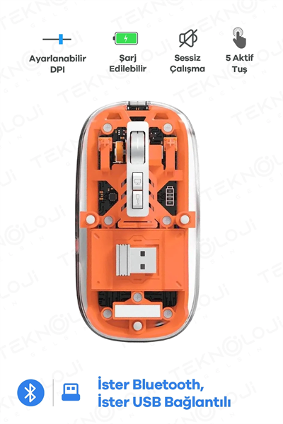 Bluetooth USB Çift Modlu Sessiz Mouse, Şeffaf Mıknatıslı Kapaklı, Type-C Şarjlı, DPI Ayarlı, Kablosuz 10m Çekim Mesafeli, Masaüstü Kısayol Tuşlu, Taşınabilir Şarjlı Mouse Turuncu