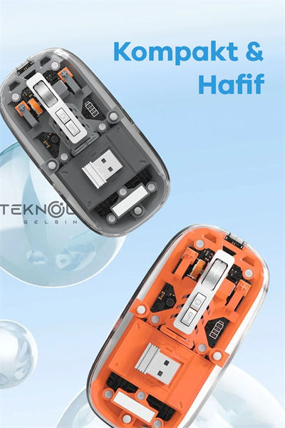 Bluetooth USB Çift Modlu Sessiz Mouse, Şeffaf Mıknatıslı Kapaklı, Type-C Şarjlı, DPI Ayarlı, Kablosuz 10m Çekim Mesafeli, Masaüstü Kısayol Tuşlu, Taşınabilir Şarjlı Mouse Turuncu