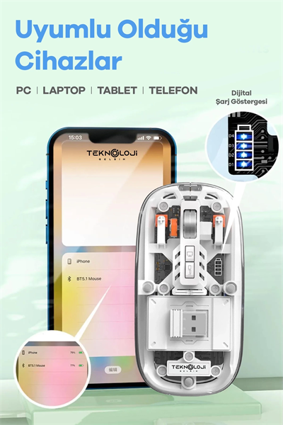 Bluetooth USB Çift Modlu Sessiz Mouse, Şeffaf Mıknatıslı Kapaklı, Type-C Şarjlı, DPI Ayarlı, Kablosuz 10m Çekim Mesafeli, Masaüstü Kısayol Tuşlu, Taşınabilir Şarjlı Mouse Turuncu