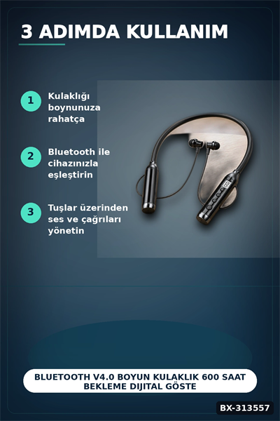 Bluetooth V4.0 Boyun Kulaklık 600 Saat Bekleme Dijital Göstergeli Çift Cihaz Bağlantılı BX-313557