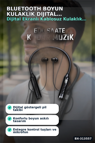 Bluetooth V4.0 Boyun Kulaklık 600 Saat Bekleme Dijital Göstergeli Çift Cihaz Bağlantılı BX-313557