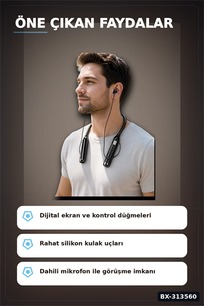 Bluetooth V4.0 Boyun Tipi Kulaklık 10 Mt Menzilli Mikrofonlu Dijital Ekranli Kulak Ici BX-313560
