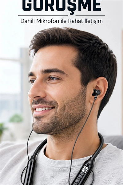 Bluetooth V4.0 Boyun Tipi Kulaklık 10 Mt Menzilli Mikrofonlu Dijital Ekranli Kulak Ici BX-313560
