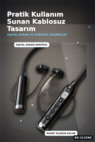 Bluetooth V4.0 Boyun Tipi Kulaklık 10 Mt Menzilli Mikrofonlu Dijital Ekranli Kulak Ici BX-313560