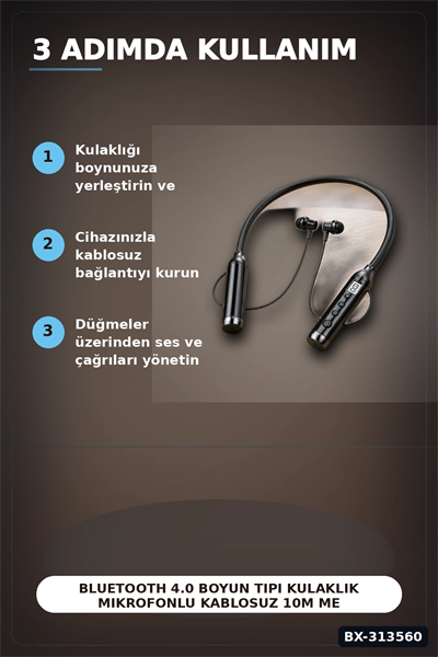 Bluetooth V4.0 Boyun Tipi Kulaklık 10 Mt Menzilli Mikrofonlu Dijital Ekranli Kulak Ici BX-313560