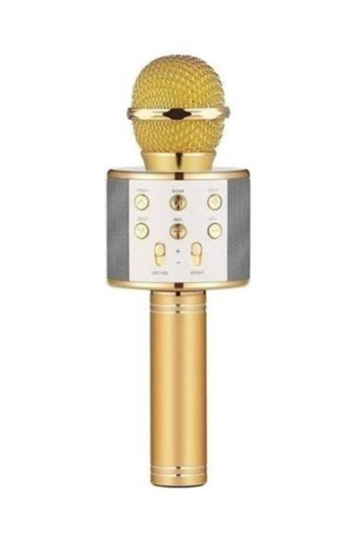 Bluetooth bağlantılı altın renkli dahili hoparlörlü karaoke mikrofon 2 yıl garantili