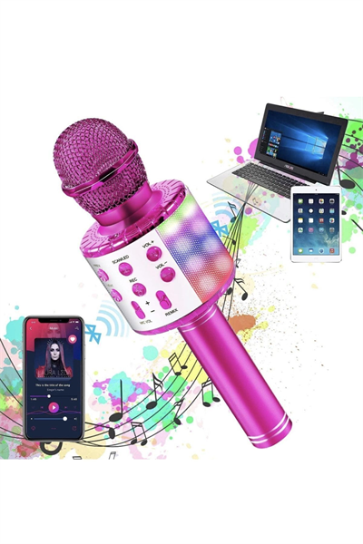 Bluetooth bağlantılı pembe karaoke mikrofonu, hoparlör özellikli, garantisiz - Elektronik