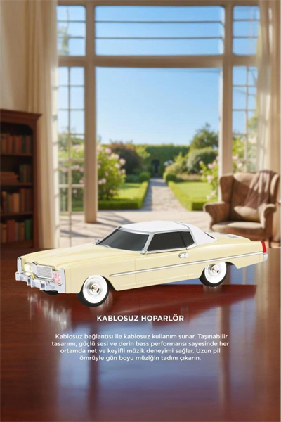 Bluetooth hoparlör bej renk retro araba tasarımlı 10W FM USB TWS 3 saat dinleme süresi