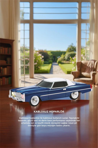Bluetooth hoparlör retro araba tasarımlı 10W mavi FM USB TWS 3 saat dinleme süresi