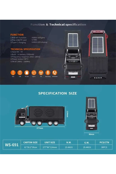 Bluetooth hoparlör siyah güneş enerjili kamyon tır araba 10 watt TWS FM radyo USB SD kart