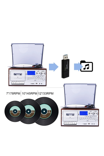 Bluetooth kumandalı CD, kaset, USB, radyo ve 33-45-78 devir plak çalabilen pikap kahverengi