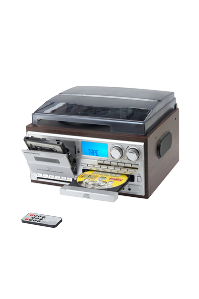 Bluetooth kumandalı CD, kaset, USB, radyo ve 33-45-78 devir plak çalabilen pikap kahverengi