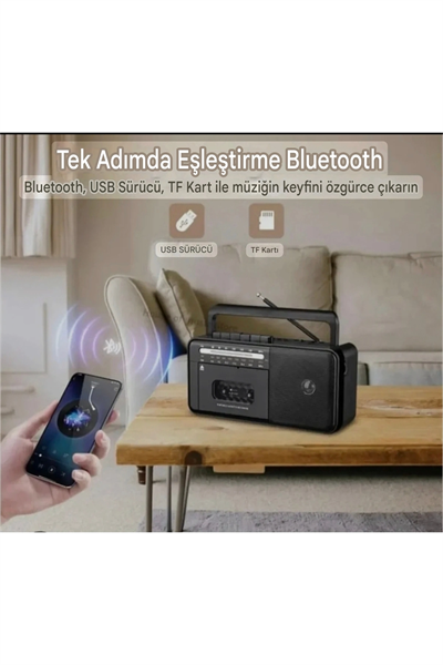 Bluetooth özellikli gri kaset çalar teyp, FM radyo, USB ve MP3 oynatıcı, 2 yıl garantili